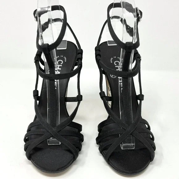Chanel Pearl Heel Grosgrain Gladiator Sandals Black 37.5 - Picture 2 of 10